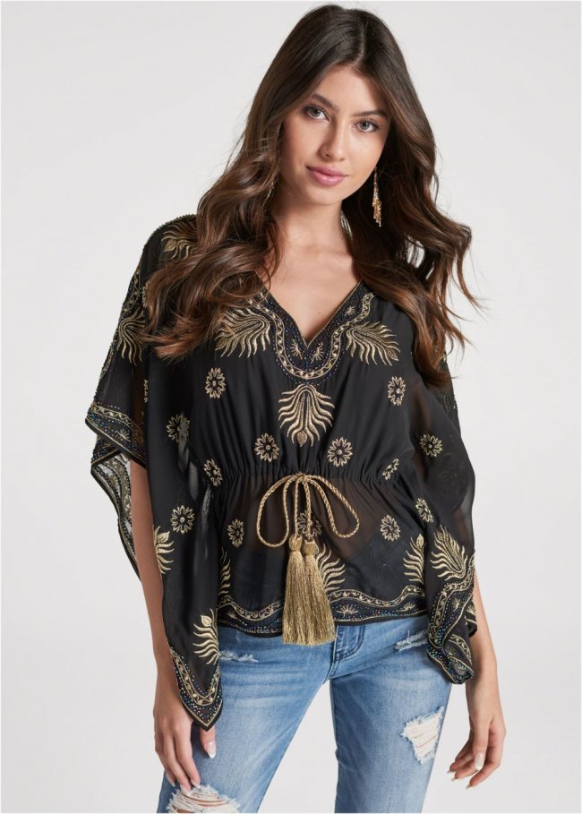 Venus Embellished Handkerchief Top in Black & Gold Venus Embellished Handkerchief Top in Black & Gold