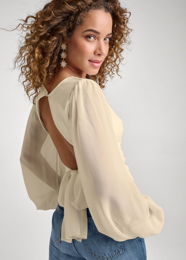 Venus Open-Back Tie Blouse in Off White Venus Open-Back Tie Blouse in Off White