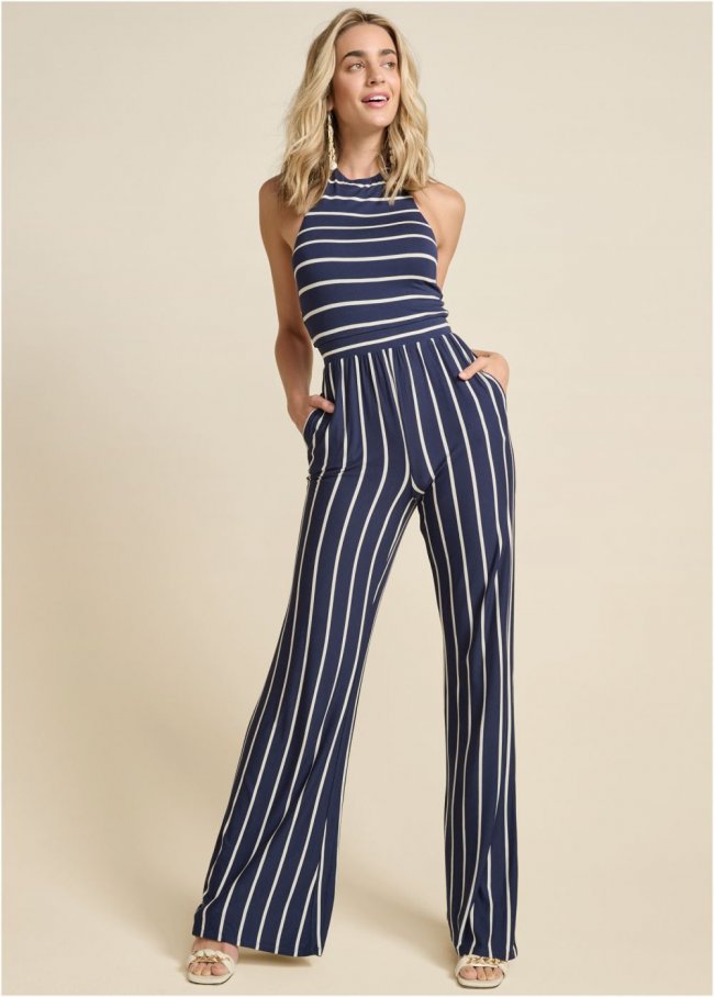 Venus Striped Halter Jumpsuit in Navy & White Venus Striped Halter Jumpsuit in Navy & White
