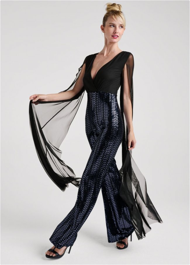 Venus Cape Sleeve Sequin Jumpsuit in Black Venus Cape Sleeve Sequin Jumpsuit in Black