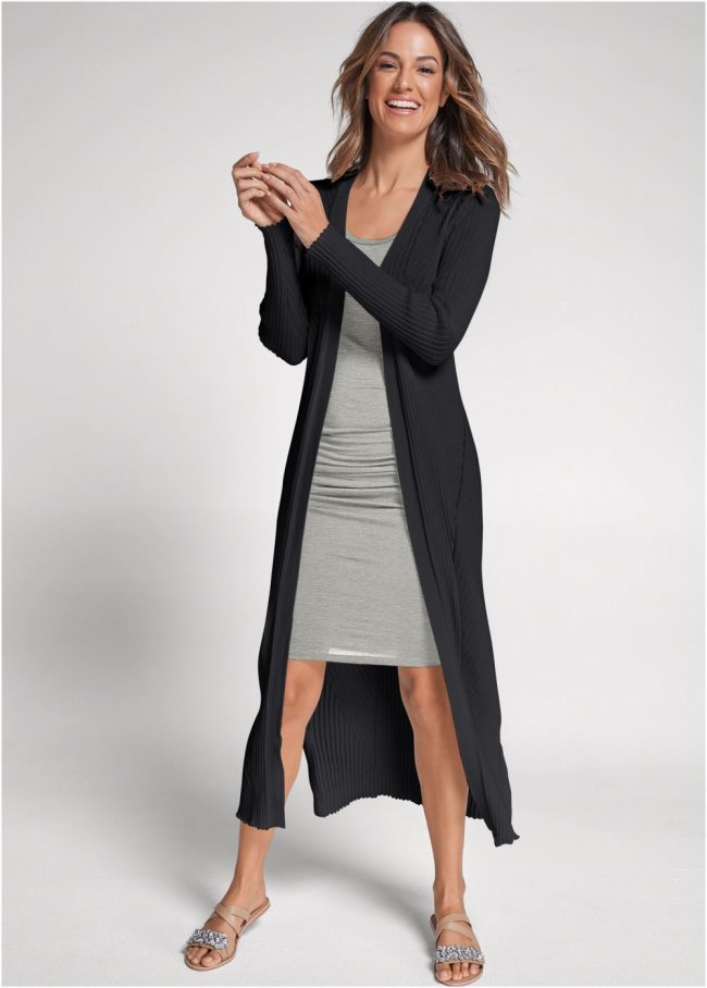 Venus Plus Size Long Ribbed Duster in Black Venus Plus Size Long Ribbed Duster in Black