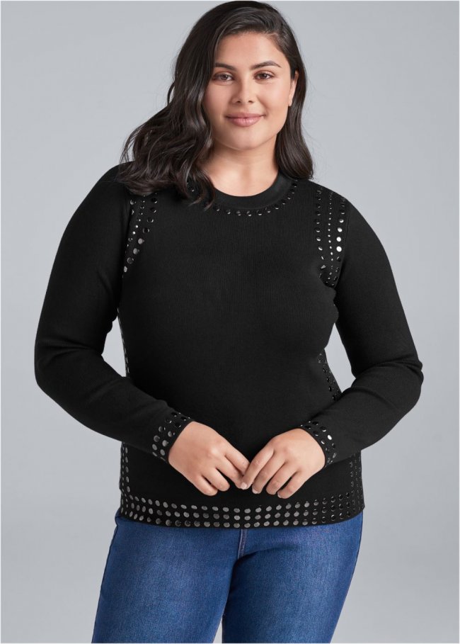 Venus Plus Size Stud Trim Sweater in Black Venus Plus Size Stud Trim Sweater in Black