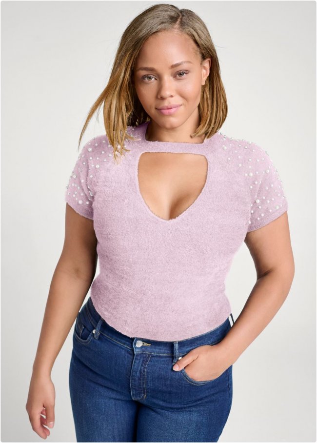 Venus Plus Size Pearl Short Sleeve Sweater in Lilac Venus Plus Size Pearl Short Sleeve Sweater in Lilac