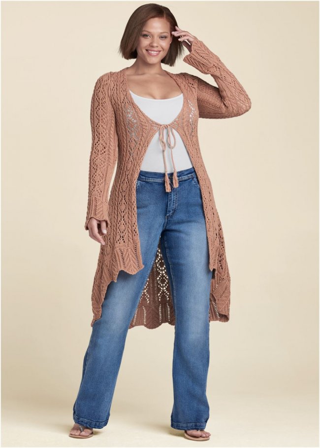 Venus Plus Size Long Crochet Cardigan in Brown Venus Plus Size Long Crochet Cardigan in Brown