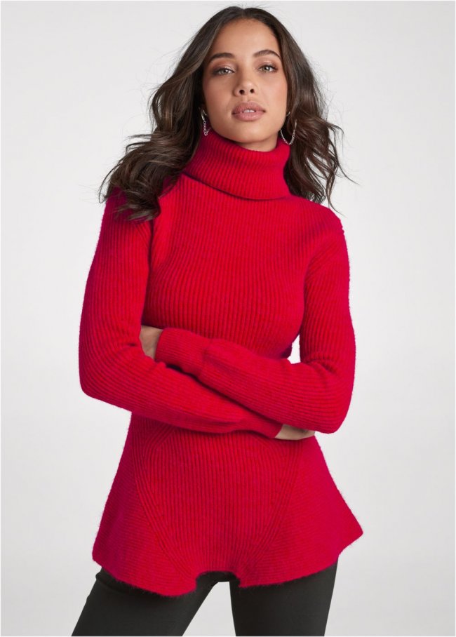 Venus Plus Size Turtleneck Peplum Sweater in Red Venus Plus Size Turtleneck Peplum Sweater in Red