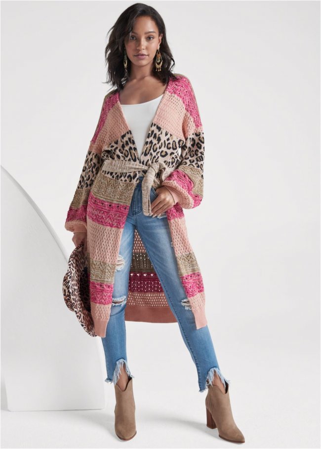 Venus Plus Size Mixed Print Belted Duster in Pink Multi Venus Plus Size Mixed Print Belted Duster in Pink Multi