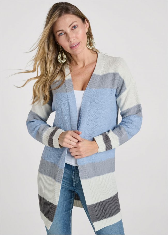 Venus Plus Size Color Block Stripe Cardigan in Blue Multi Venus Plus Size Color Block Stripe Cardigan in Blue Multi